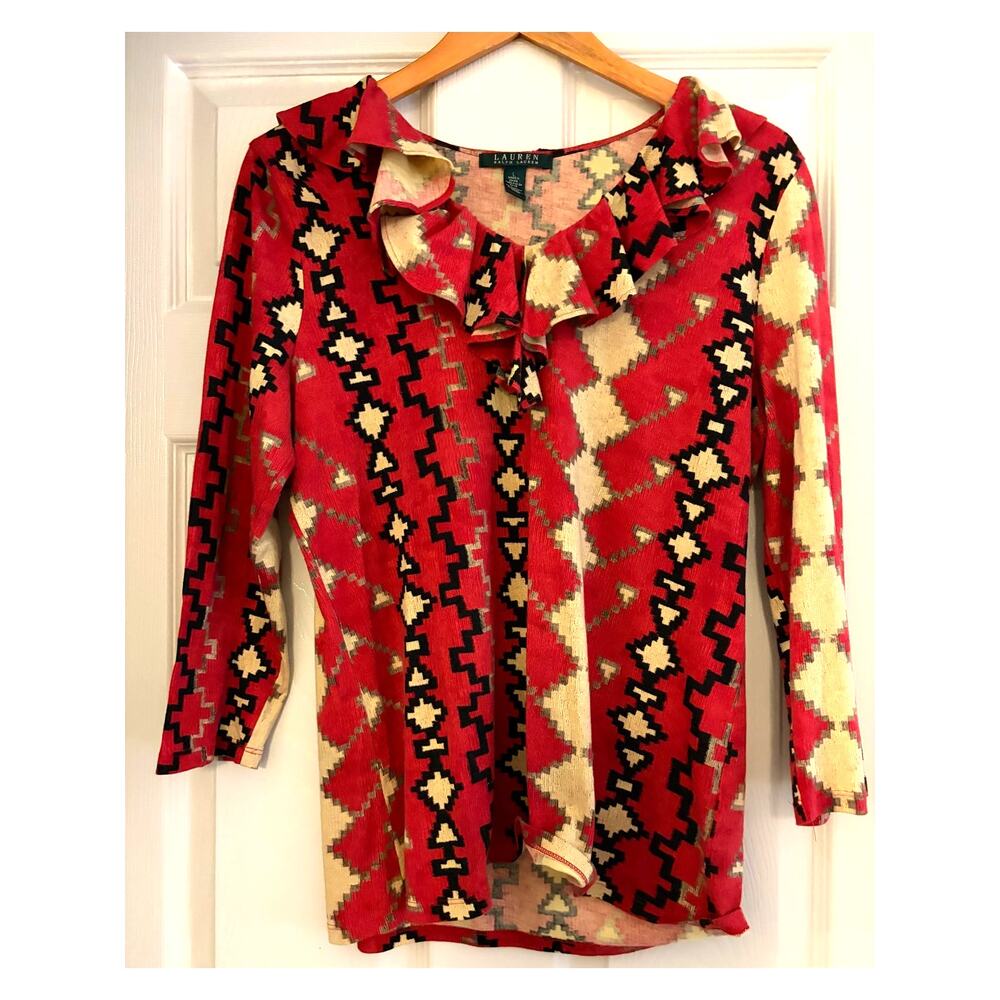 Lauren Ralph Lauren Southwestern Print Ruffle Neck Top Size L Cotton Modal Red